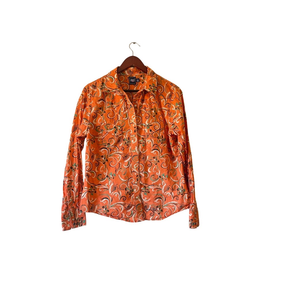 Y2k Cruel Girl Womens Orange Paisley‎ Floral Western Pearl Snap Shirt L